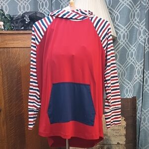 Brick Red Navy Striped Raglan Long Sleeve Hoodie Tee Kangaroo Pocket Wide Cuff